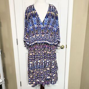 Maison Tara Size 14W Colorful Dress Surplice V-Neck Tiered Ruffle Hem 3/4 Sleeve